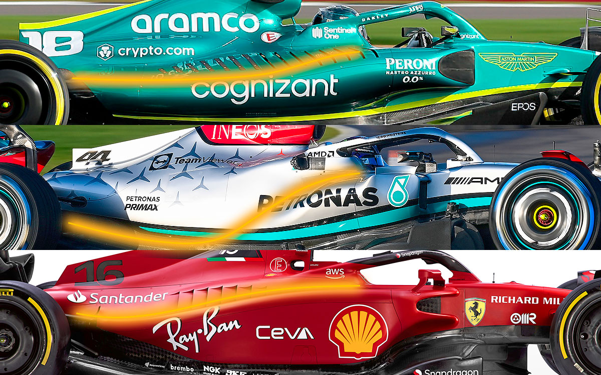 2022年F1マシンのサイドポッド比較：アストンマーチンAMR22、メルセデスW13、フェラーリF1-75
