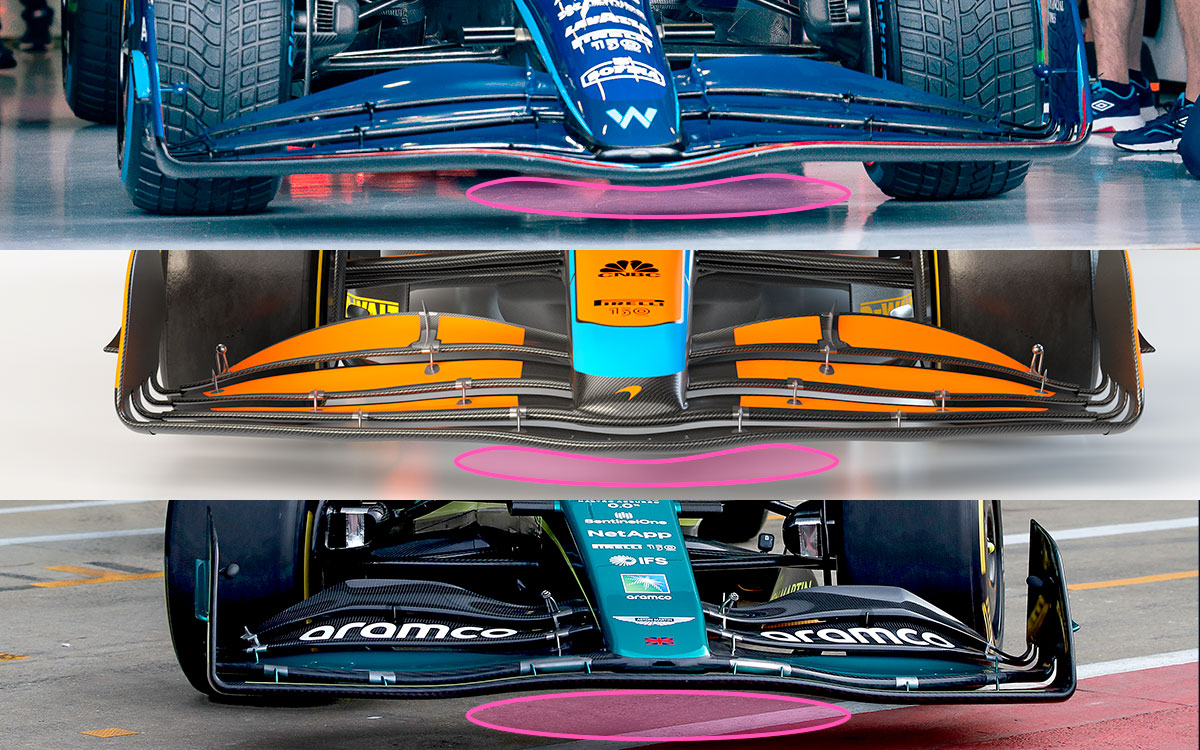 2022年F1マシンのフロントウイング、ノーズ比較：ウィリアムズ「FW44」、マクラーレン「MCL36」、アストンマーチン「AMR22」