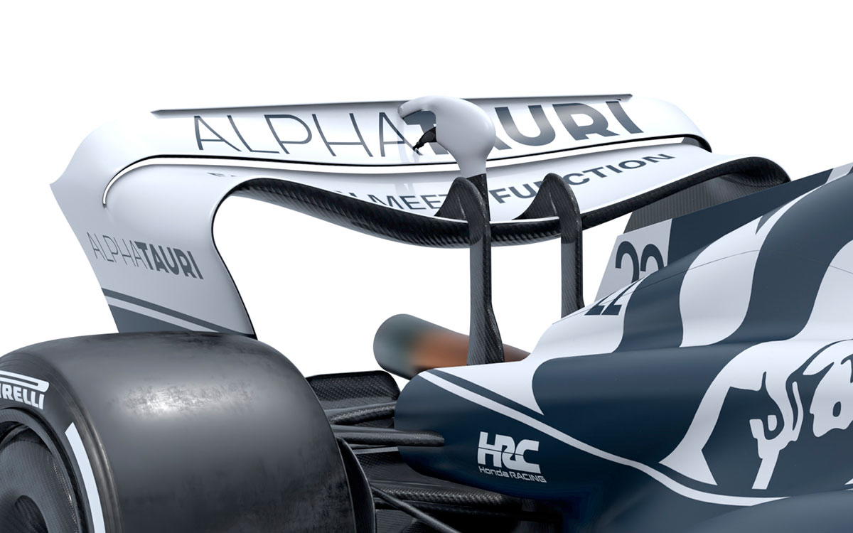 リアウィング、リアサスペンション、スクーデリア・アルファタウリの2022年型F1マシン「AT03」の細部レンダリング