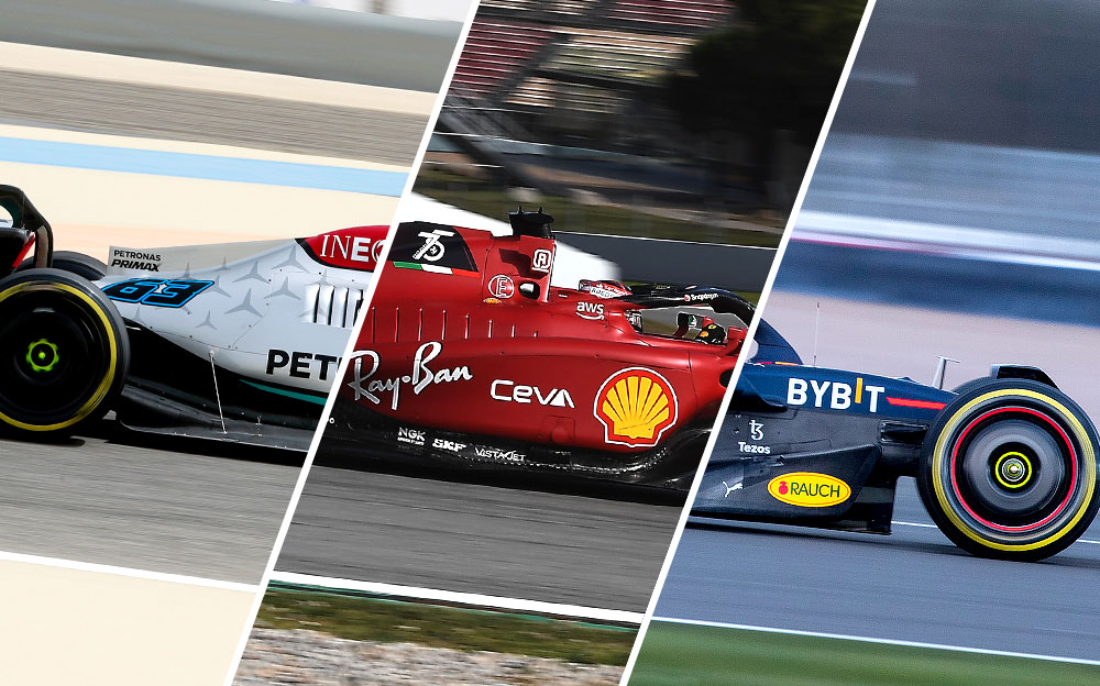 メルセデスW13、フェラーリF1-75、レッドブルRB18、2022年F1プレシーズンテストにて