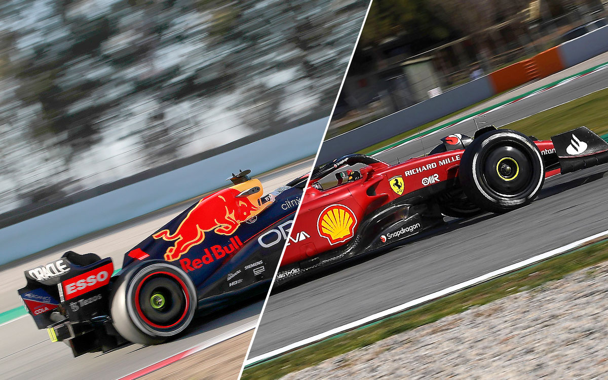 2022年F1バルセロナテストでカタロニア・サーキットを周回するレッドブル・レーシングRB18とスクーデリア・フェラーリF1-75