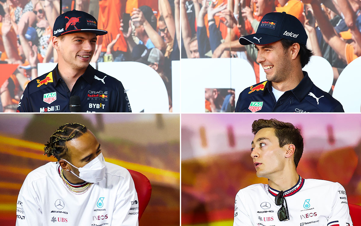 レッドブルのマックス・フェルスタッペンとセルジオ・ペレス、メルセデスのルイス・ハミルトンとジョージ・ラッセル、2022年F1スペインGP