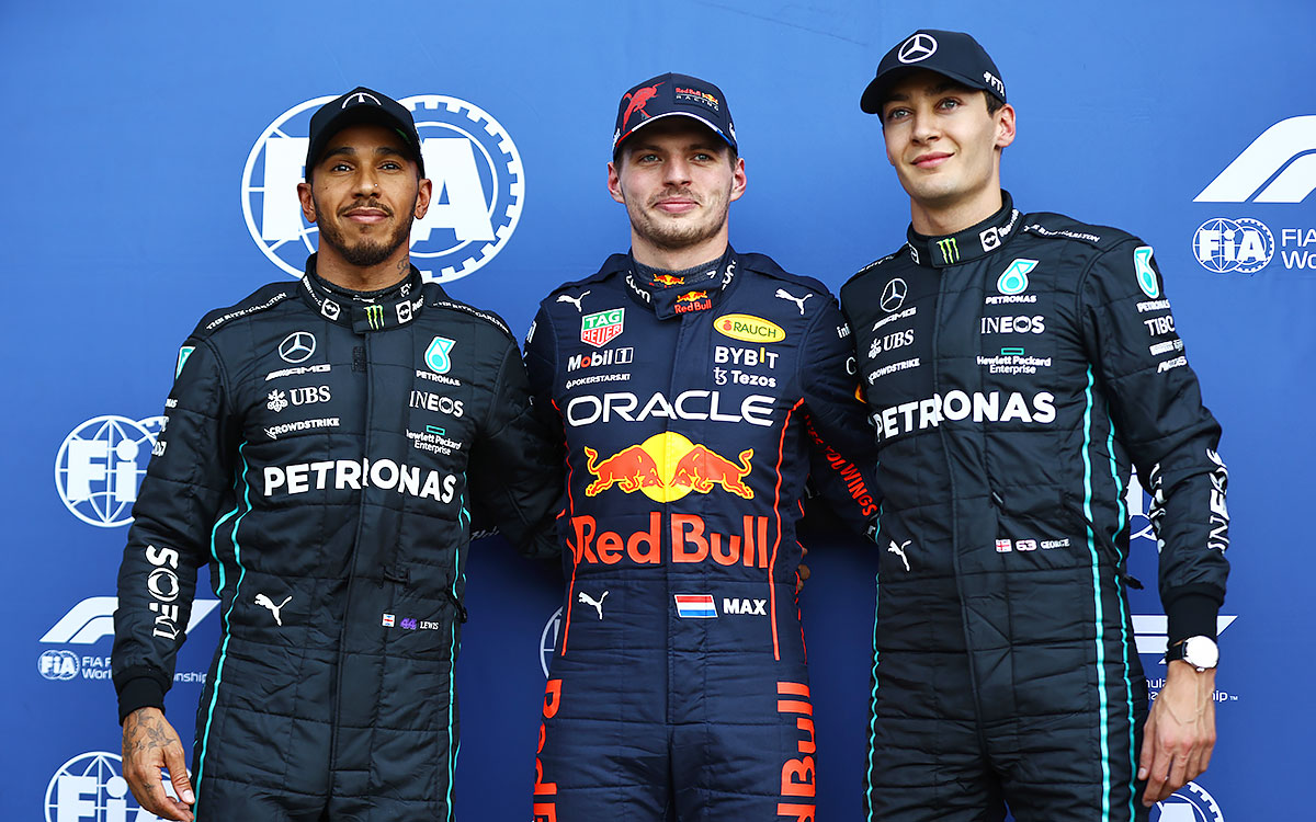 ルイス・ハミルトン（メルセデス）、マックス・フェルスタッペン（レッドブル）、ジョージ・ラッセル（メルセデス）、2022年10月29日F1メキシコGP予選