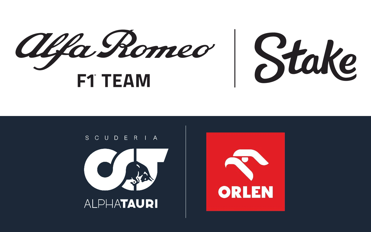 アルファロメオF1チームとオンライン賭博「ステイク」、スクーデリア・アルファタウリとポーランドの石油大手オーレンのロゴ