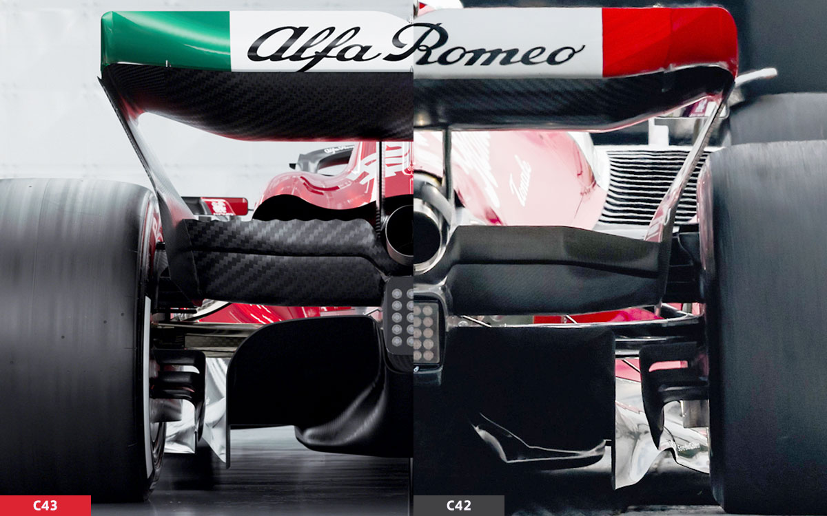 アルファロメオの2023年型F1マシン「C43」と2022年型「C42」のリア比較画像