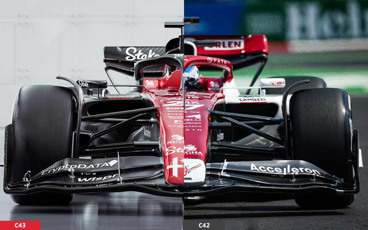 アルファロメオの2023年型F1マシン「C43」と2022年型「C42」の正面比較画像