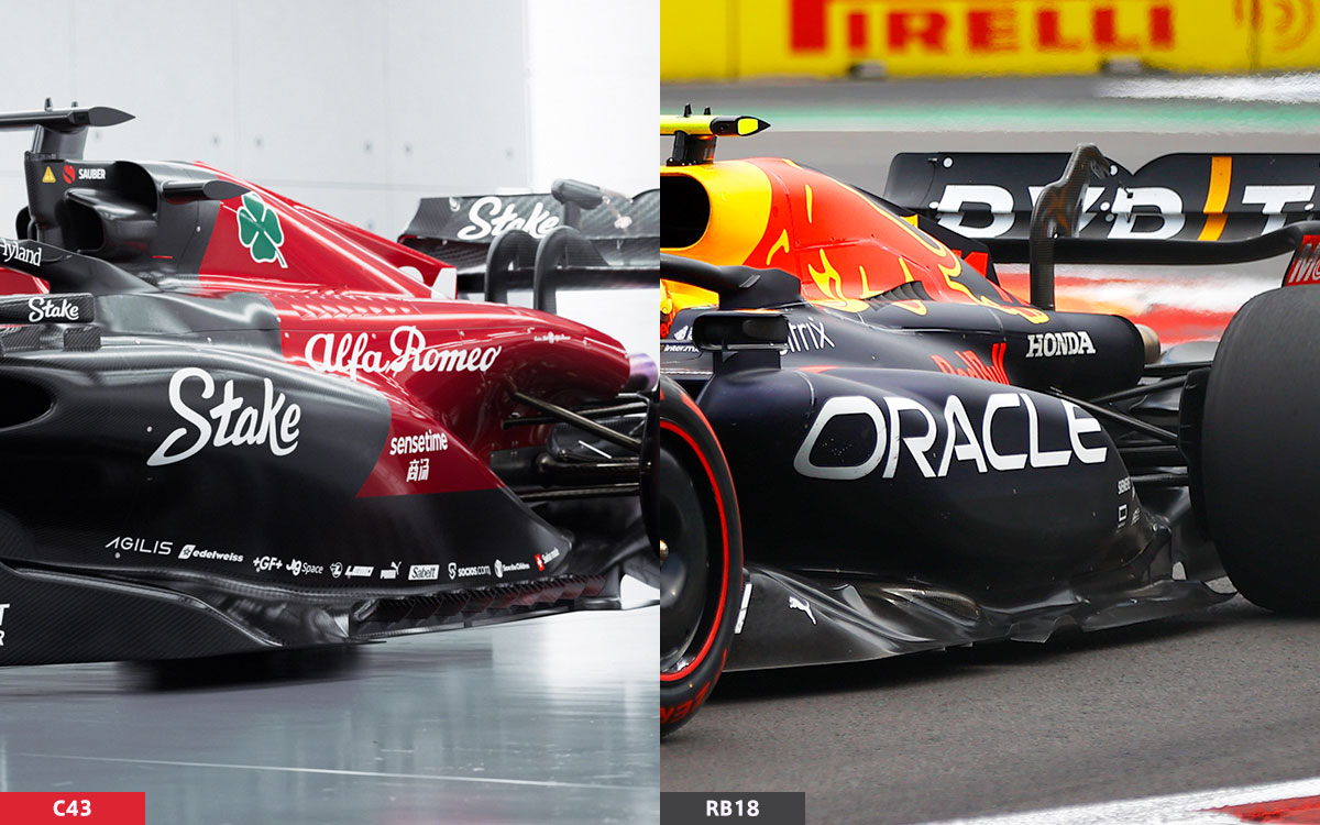 アルファロメオの2023年型F1マシン「C43」と2022年型レッドブル「RB18」の後方アウトレット比較画像