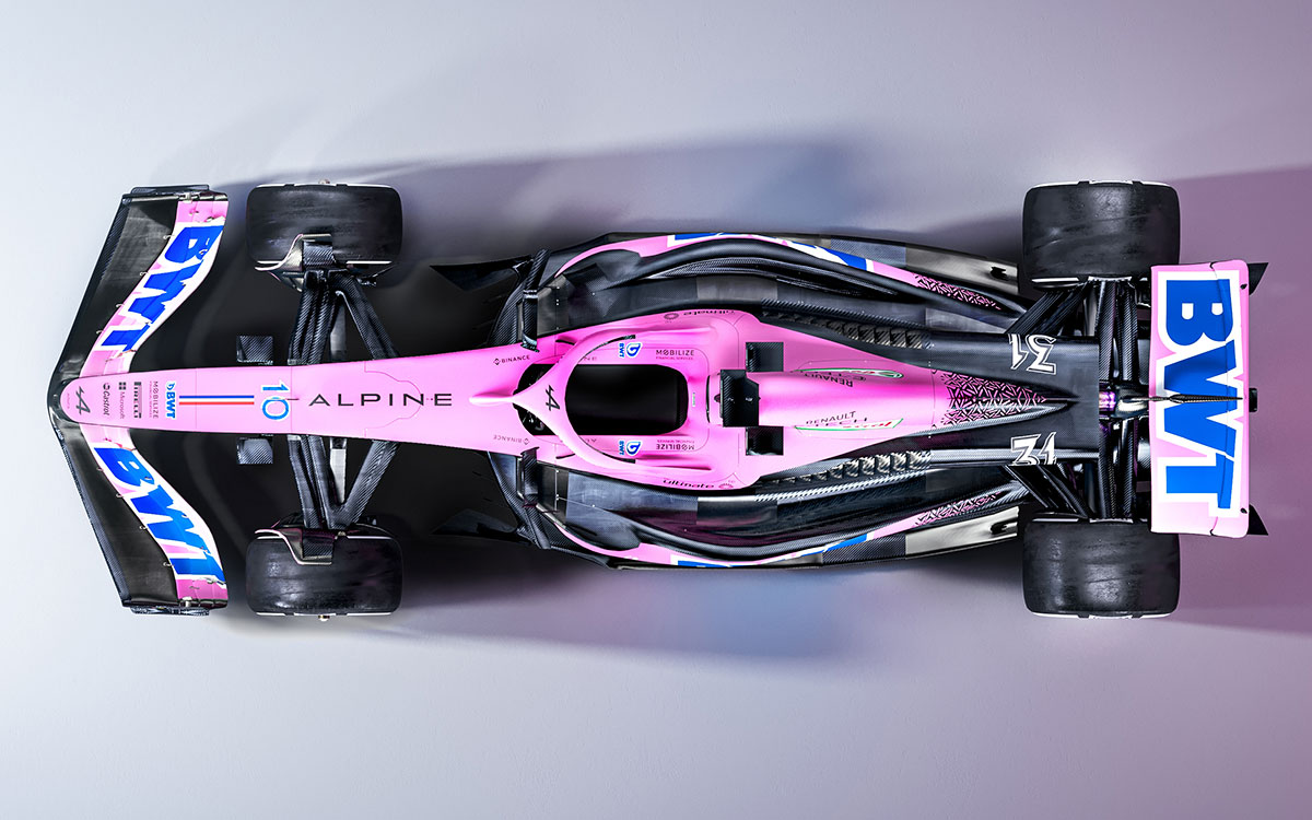 アルピーヌの2023年型F1マシン「A523」ピンク版レンダリング全体像見下げ