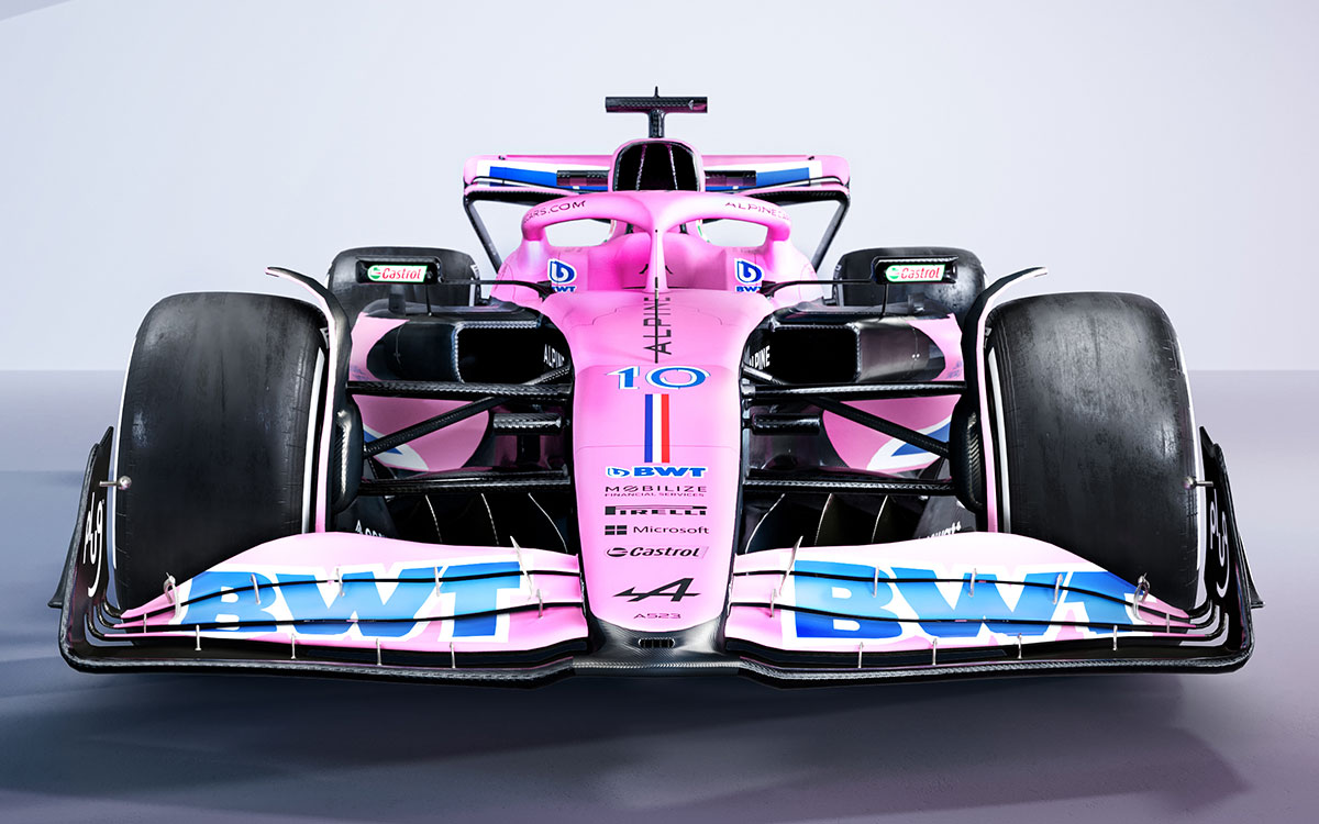 アルピーヌの2023年型F1マシン「A523」ピンク版レンダリング全体像正面