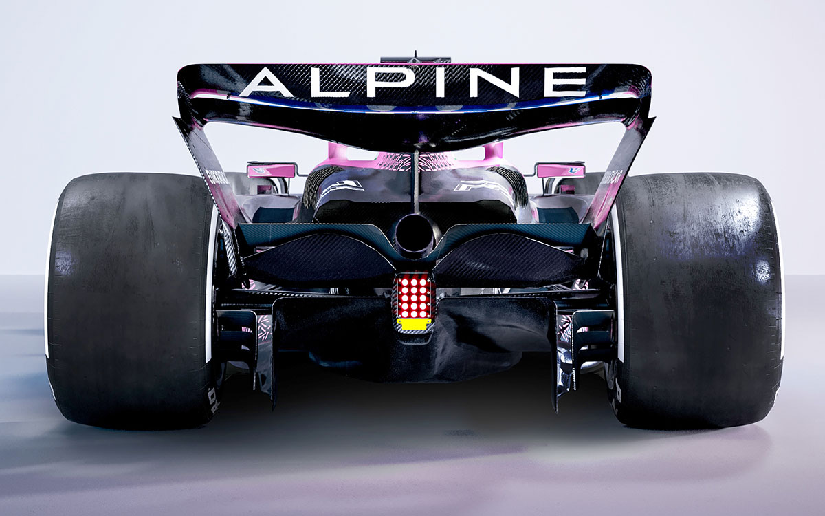 アルピーヌの2023年型F1マシン「A523」ピンク版レンダリング全体像リア