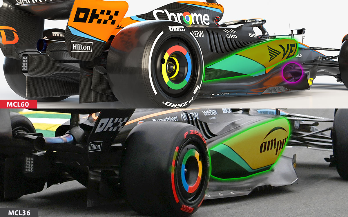 マクラーレンの2023年型F1マシン「MCL60」と先代「MCL36」の斜め後方比較画像