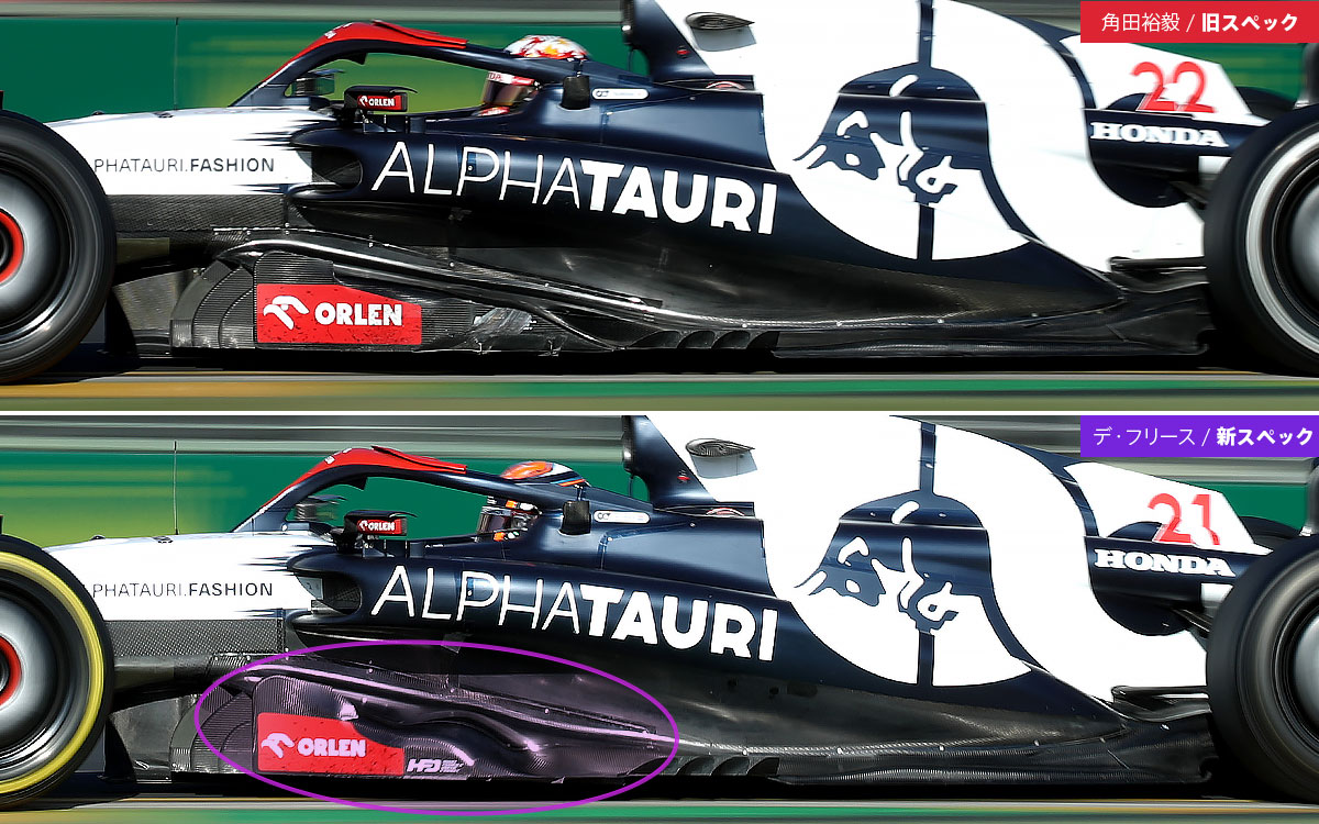 アップグレード仕様のフロアを使うアルファタウリのニック・デ・フリースと旧スペックを使用する角田裕毅、2023年4月2日F1オーストラリアGP