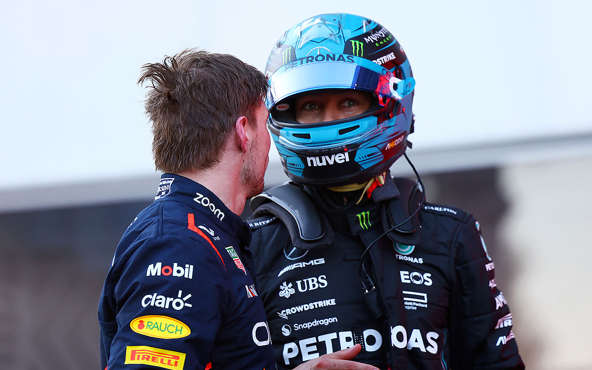 スプリント後のパルクフェルメで言い争うマックス・フェルスタッペン（レッドブル）とジョージ・ラッセル（メルセデス）、2023年4月29日F1アゼルバイジャンGP
