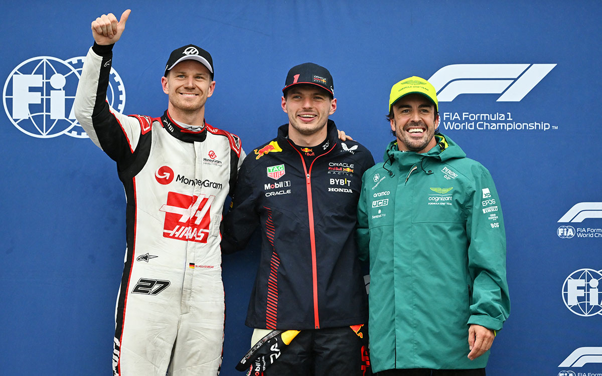 2位ニコ・ヒュルケンベルグ（ハース）、ポールのマックス・フェルスタッペン（レッドブル）、3位のフェルナンド・アロンソ（アストンマーチン）、2023年6月17日F1カナダGP予選