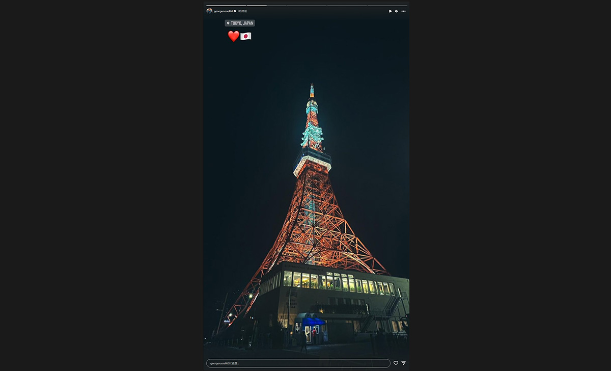 ライトアップされた東京タワーを堪能するジョージ・ラッセル（メルセデス）、2023年9月19日