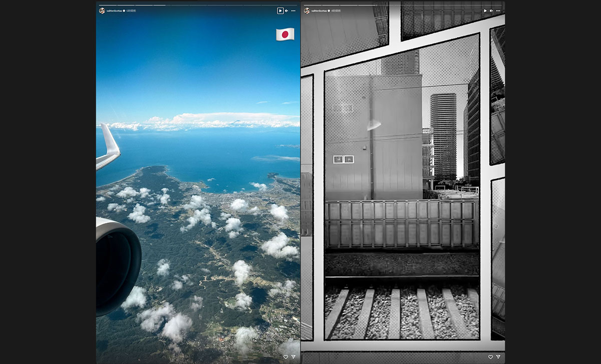 羽田空港へのフライト風景と日本での電車移動を報告するバルテリ・ボッタス（アルファロメオ）のInstagramでの報告、2023年9月18日