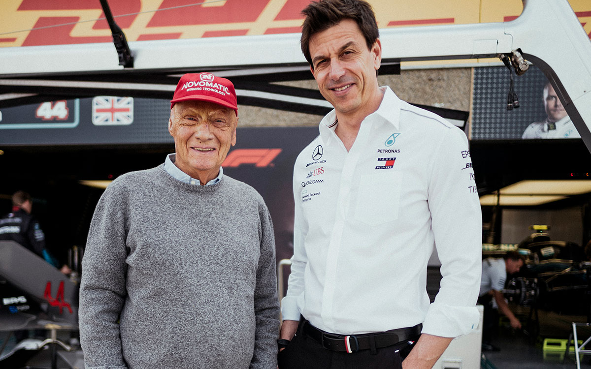メルセデスF1の非常勤会長を務めるニキ・ラウダとチーム代表のトト・ウォルフ、2018年6月9日F1カナダGP