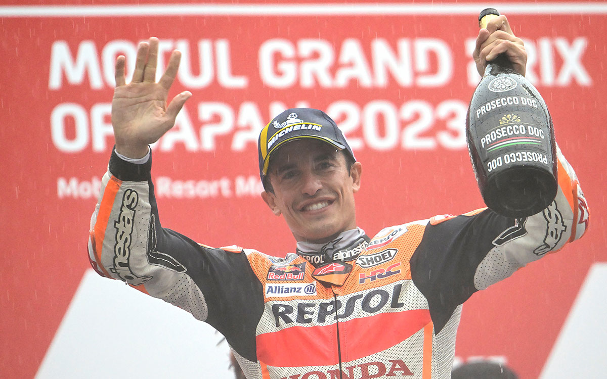 雨のもてぎで表彰台に上がったマルク・マルケス（HRC）、2023年10月1日(日) MotoGP日本GP