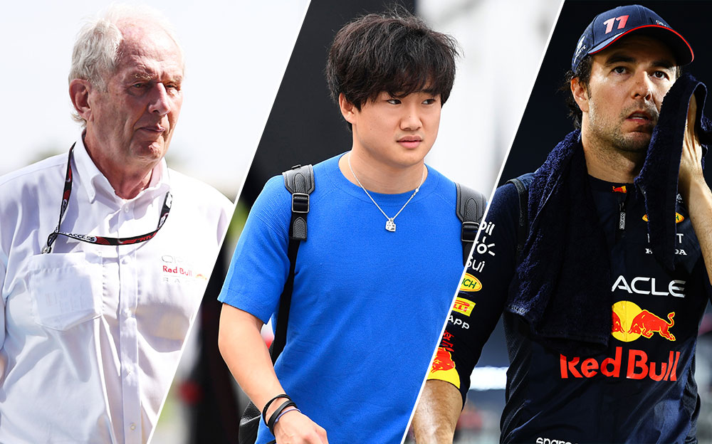 レッドブル・レーシングのモータースポーツ・アドバイザーを務めるヘルムート・マルコ、角田裕毅（アルファタウリ）、セルジオ・ペレス（レッドブル）、2023年F1