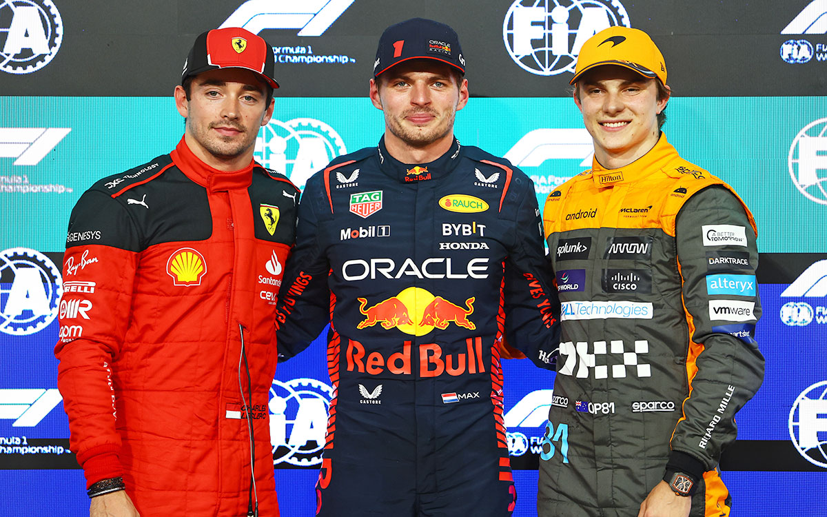 ポールポジションのマックス・フェルスタッペン（レッドブル）、2位シャルル・ルクレール（フェラーリ）、3位オスカー・ピアストリ（マクラーレン）、2023年11月25日(土) F1アブダビGP予選（ヤス・マリーナ・サーキット）