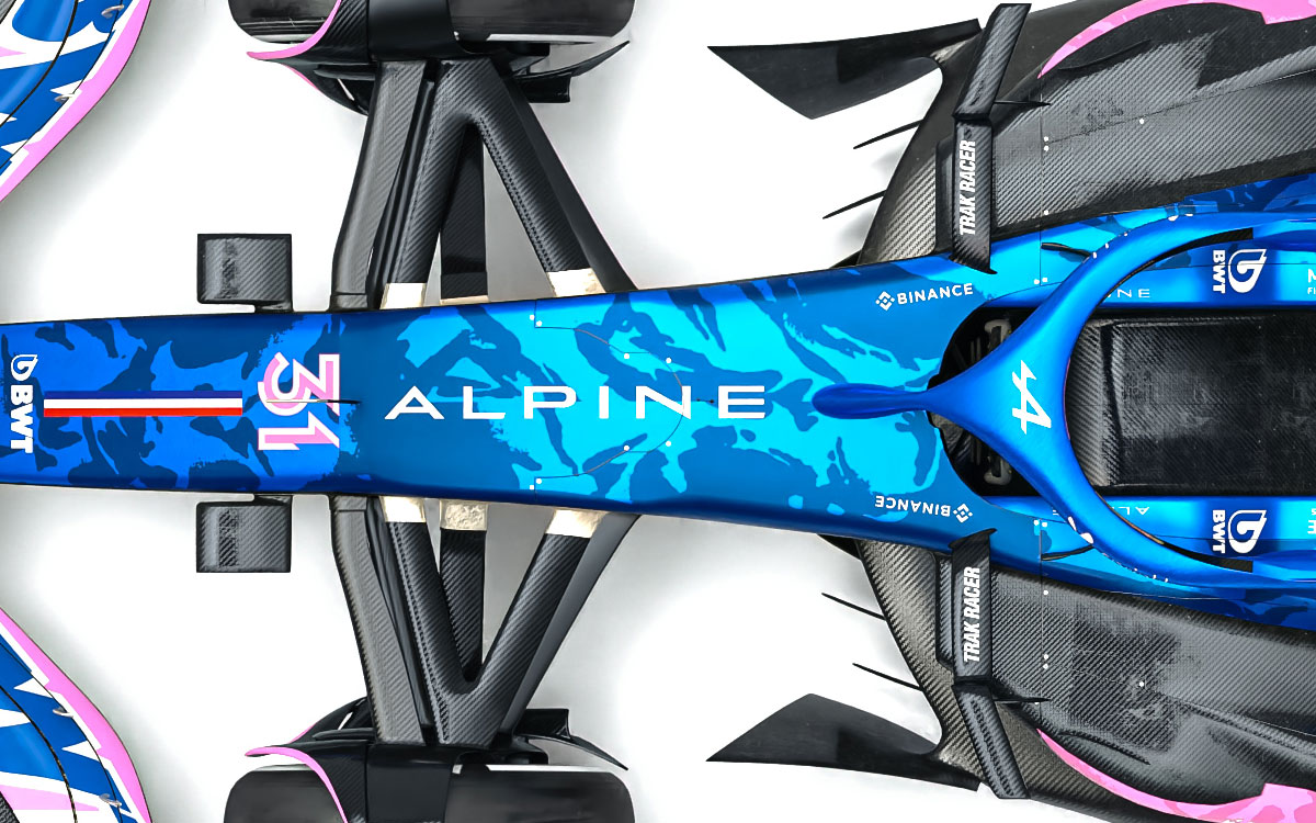 2023年のF1ラスベガスGPに向けたパレスおよびカッパとのコラボレーション「PALACE KAPPA FOR ALPINE」の一環としてデザインされたアルピーヌA523のスペシャルリバリー (3)