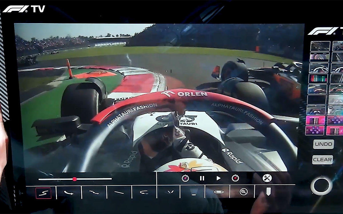 ターン2に向けてオスカー・ピアストリ（マクラーレン）に追いやられる格好となった角田裕毅（アルファタウリ）のオンボード映像、2023年10月29日F1メキシコGP