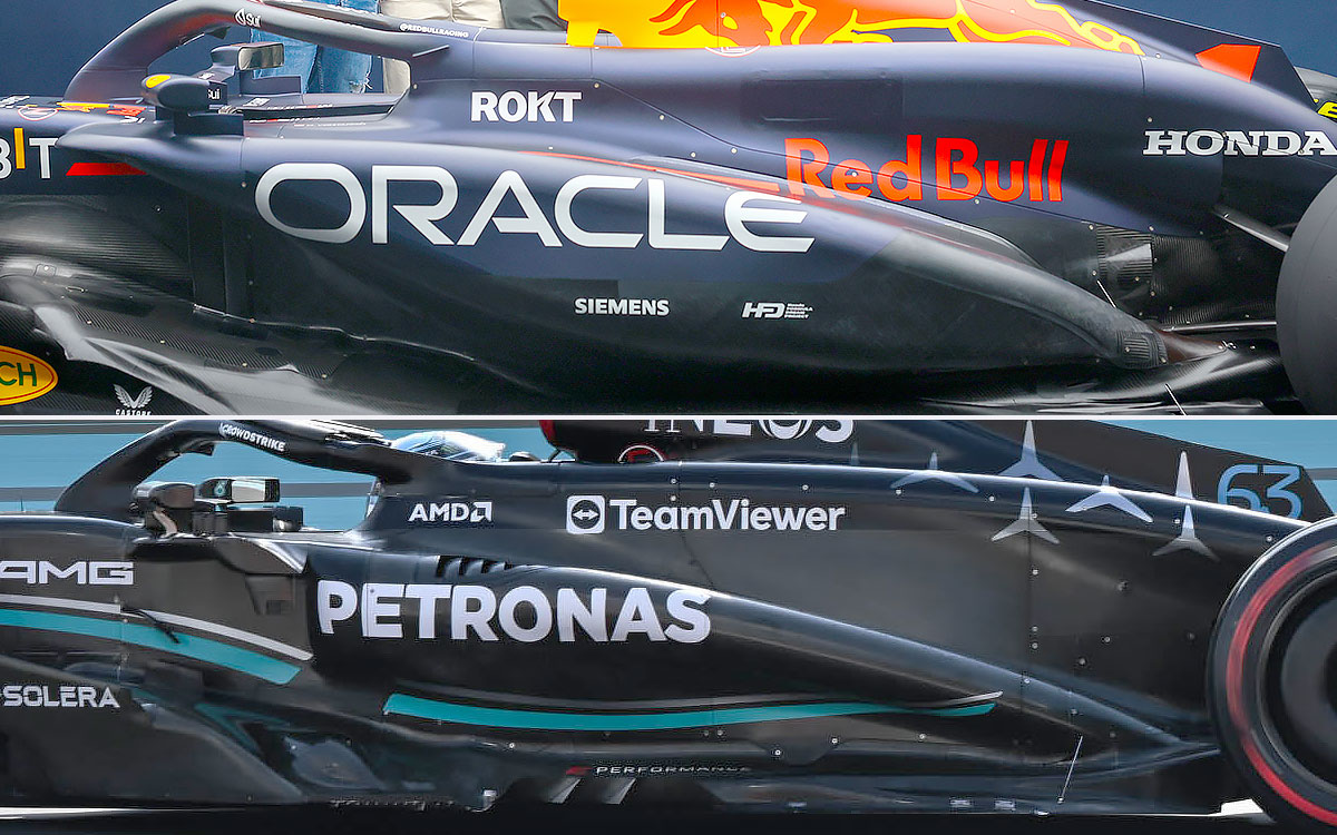 レッドブルの2024年型F1マシン「RB20」と2023年型メルセデス「W14」の側面比較