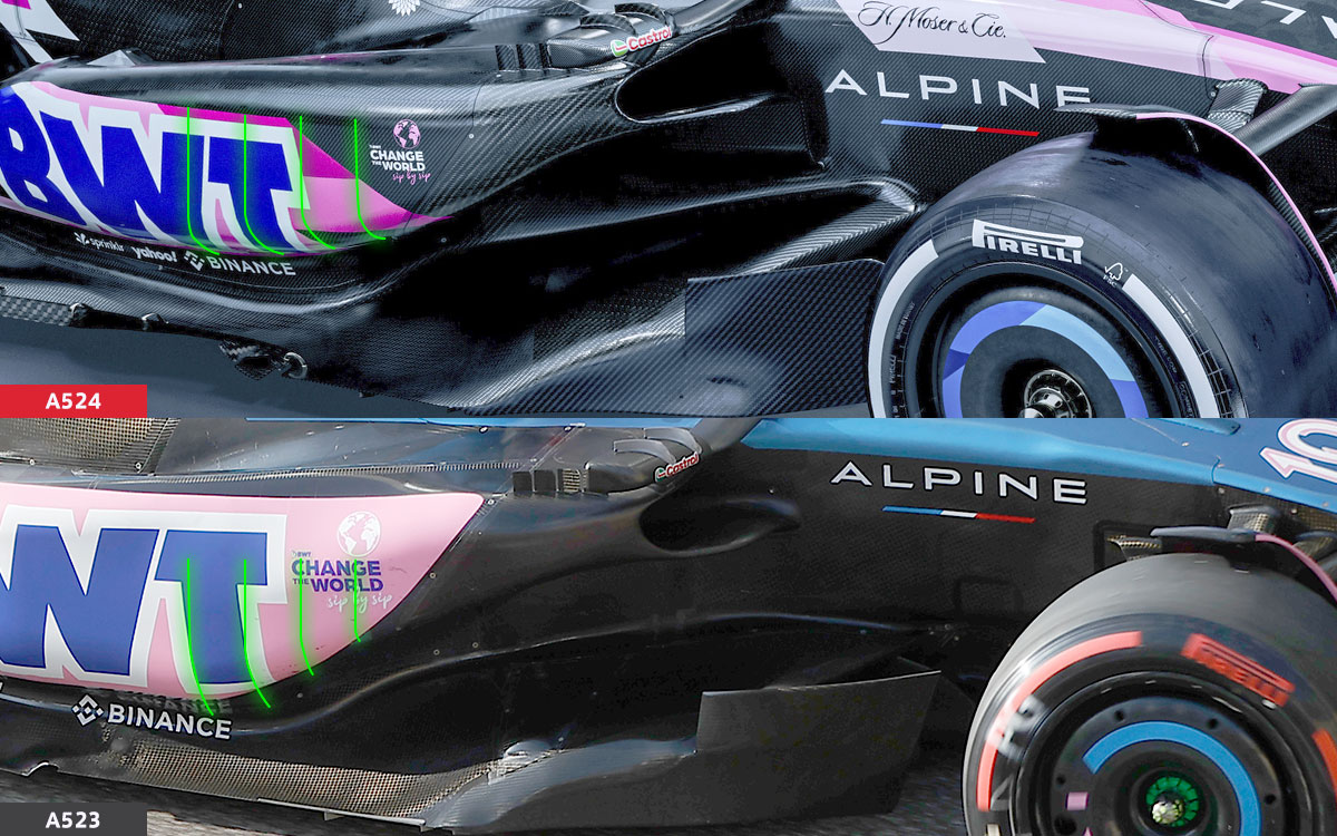 アルピーヌの2024年型F1マシン「A524」と2023年型「A523」のサイドポッドの比較2