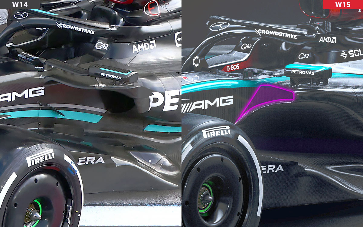 メルセデスの2024年型F1マシン「W15」と2023年型「W14」のサイドポッド・インレットの比較画像