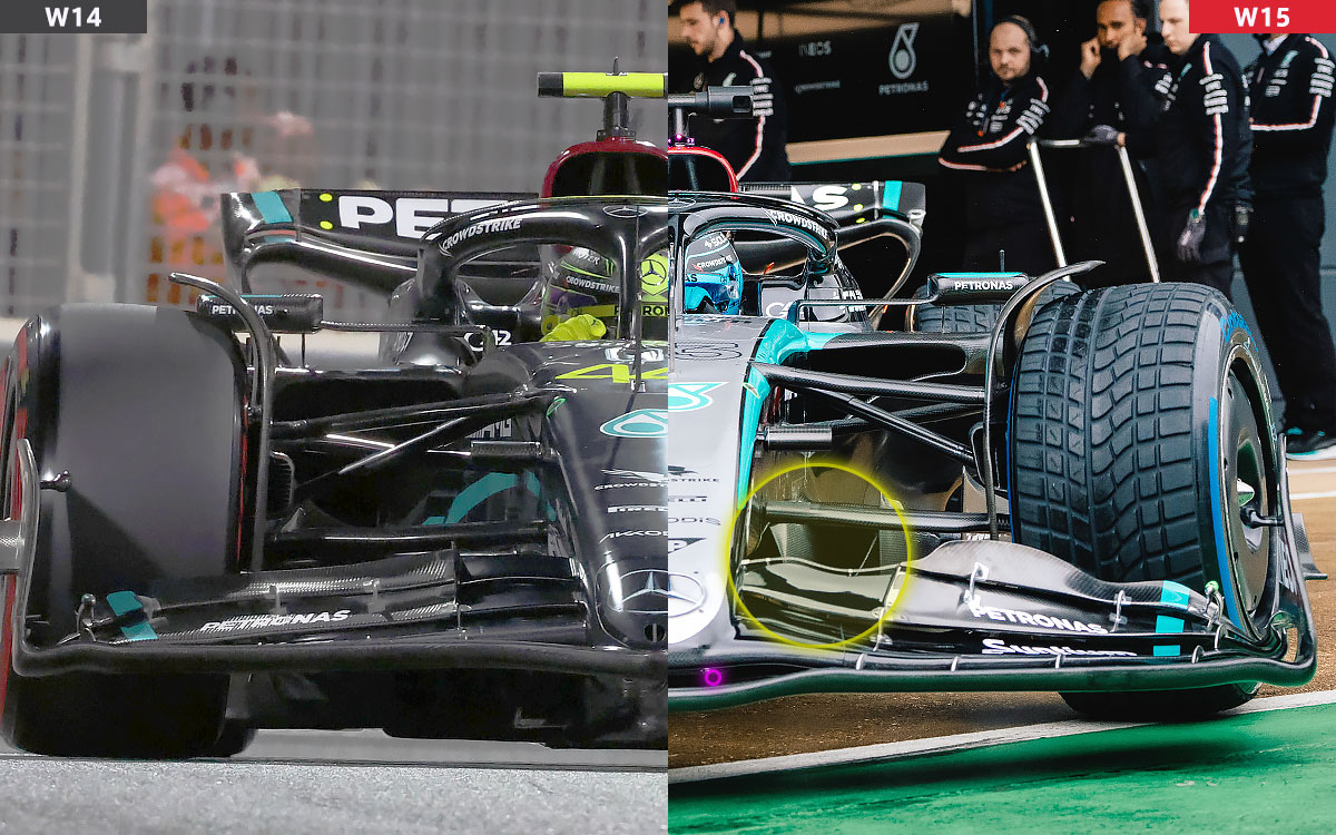 メルセデスの2024年型F1マシン「W15」と2023年型「W14」のフロントウイングおよびノーズの比較画像
