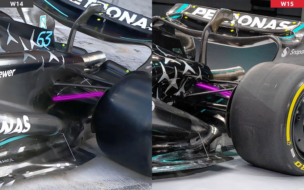 メルセデスの2024年型F1マシン「W15」と2023年型「W14」のリア・サスペンションの比較画像
