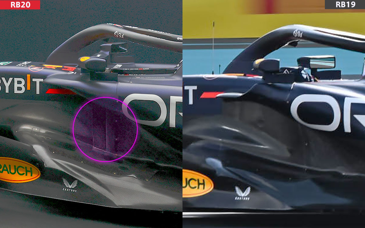 レッドブルの2024年型F1マシン「RB20」と2023年型「RB19」のサイドポッド・インレットの比較画像