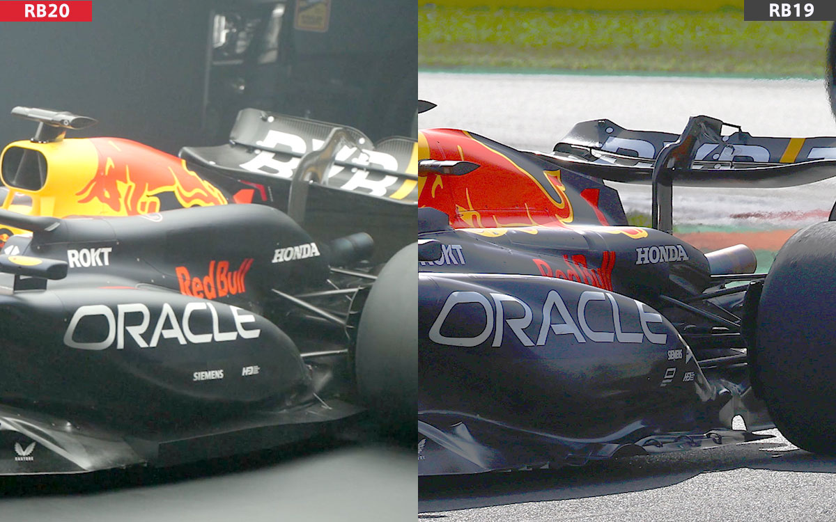 レッドブルの2024年型F1マシン「RB20」と2023年型「RB19」のリア・サスペンションの比較画像