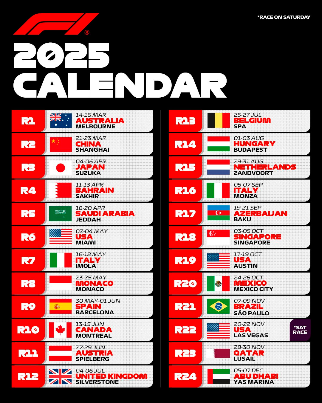2025年シリーズの暫定版F1カレンダー、2024年4月12日