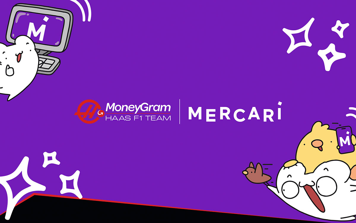 株式会社メルカリのグループ会社であるMercari, Incとのスポンサー契約を告知するハースF1チームのグラフィック、2024年4月3日