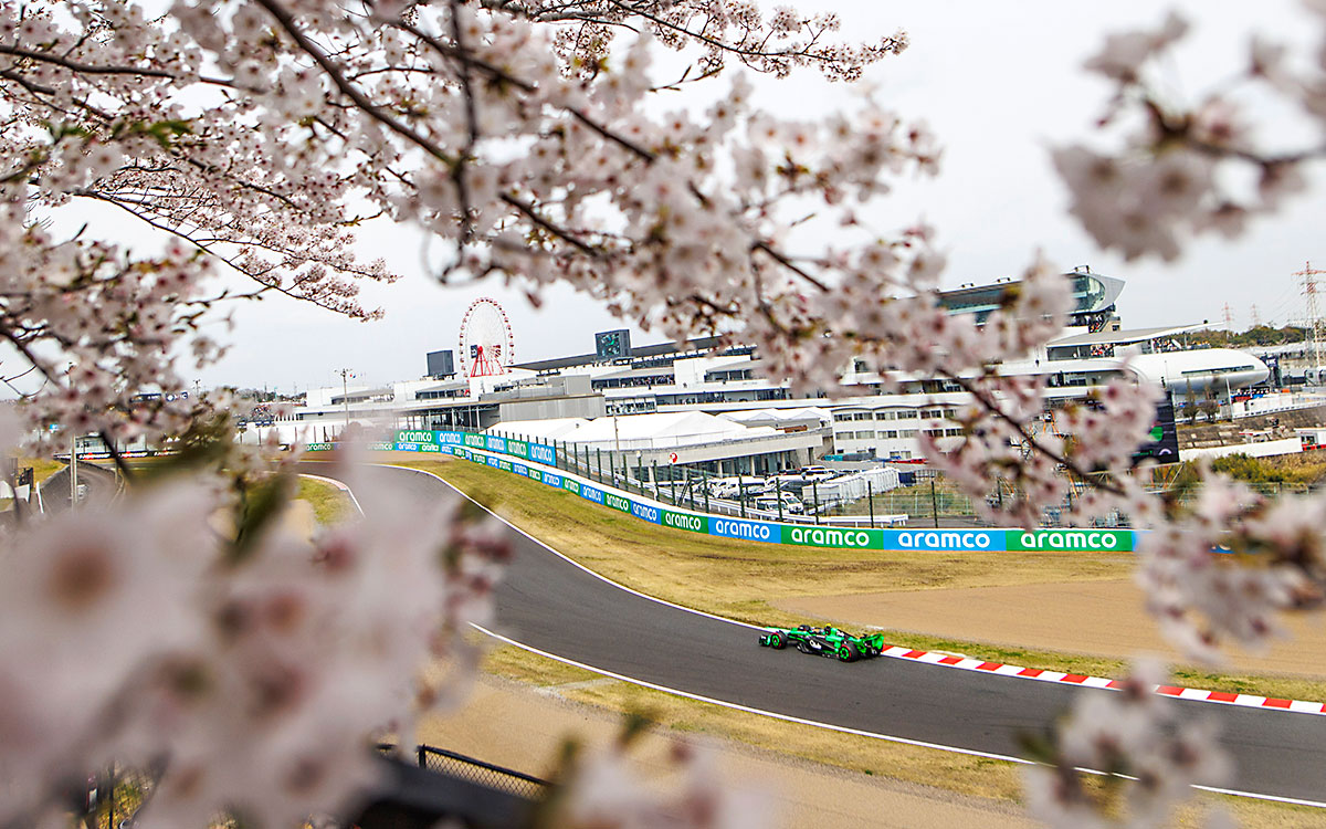 満開の桜の下を走行するステーク-F1-チームキック・ザウバーの-C44、2024年F1日本GP予選-2024年4月6日鈴鹿サーキット