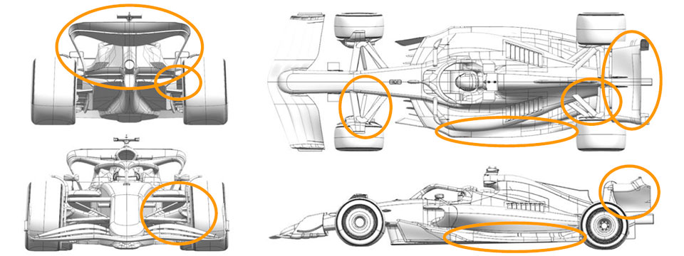 2024年F1第15戦オランダGPでマクラーレンMCL38に投入された空力アップグレードのエリアを明示した図