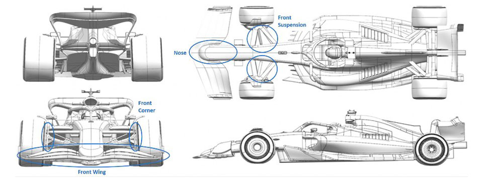 2024年F1第15戦オランダGPでハースVF-24に投入された空力アップグレードのエリアを明示した図