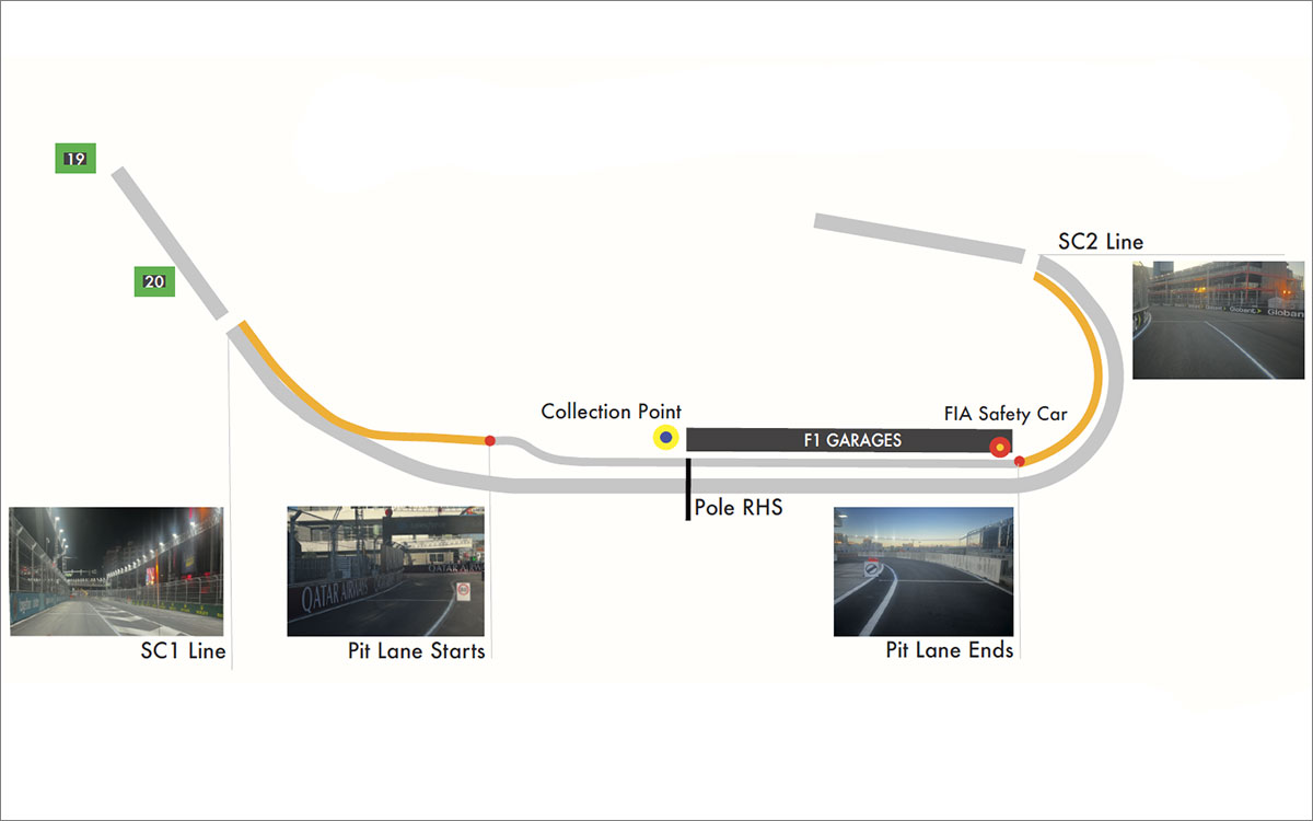 ラスベガス市街地コースのピットエントリー・ロード（ピット進入路）とピットレーン、ピットエグジット・ロード（ピット出口路）、2024年F1ラスベガスGP