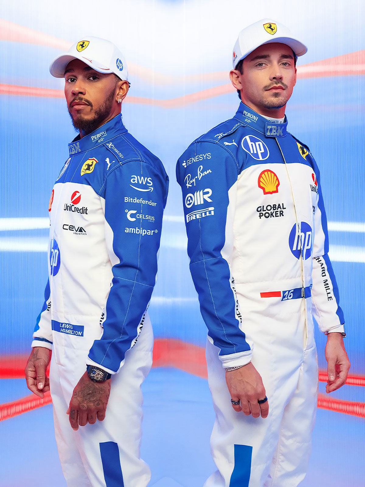 2025年F1マイアミGP仕様の特別なレーシングスーツを着用するスクーデリア・フェラーリのルイス・ハミルトンとシャルル・ルクレール