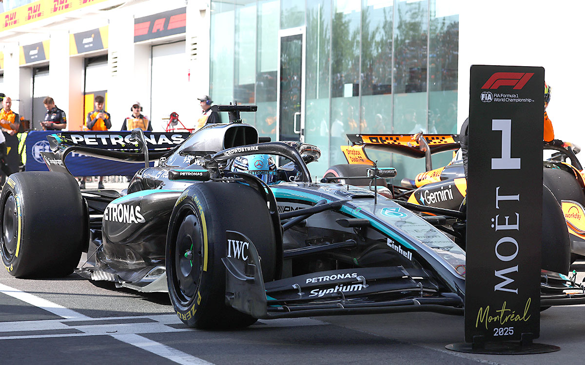 2025年F1第10戦カナダGPの予選でポールポジションを獲得したジョージ・ラッセル(メルセデス)、2025年6月14日ジル・ビルヌーブ・サーキット