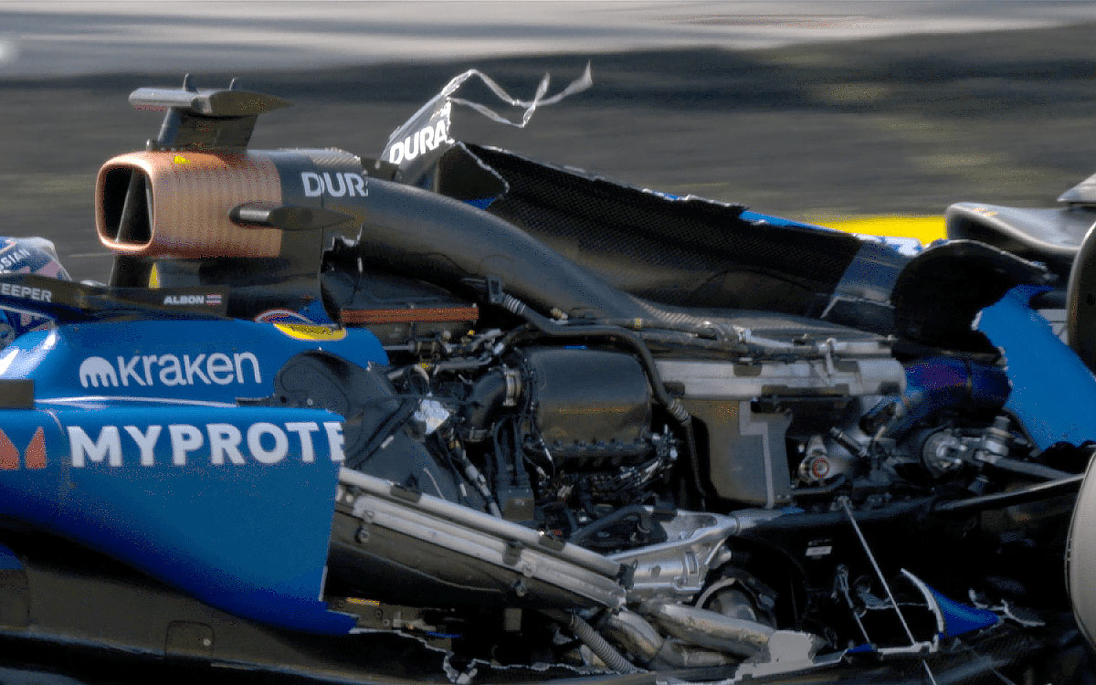 エンジンカバーが破損したアレックス・アルボンのウィリアムズ、2025年6月14日(土) F1カナダGP予選（ジル・ビルヌーブ・サーキット）