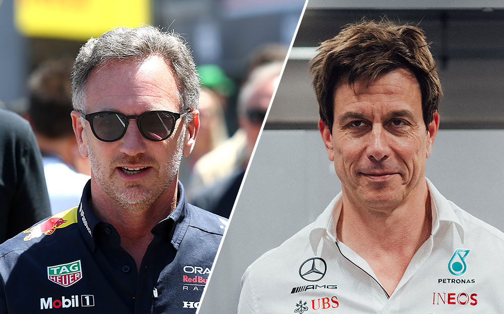 レッドブル・レーシングのクリスチャン・ホーナー代表(2025年F1モナコGP)とメルセデスのトト・ウォルフ代表(2023年F1ブラジルGP)