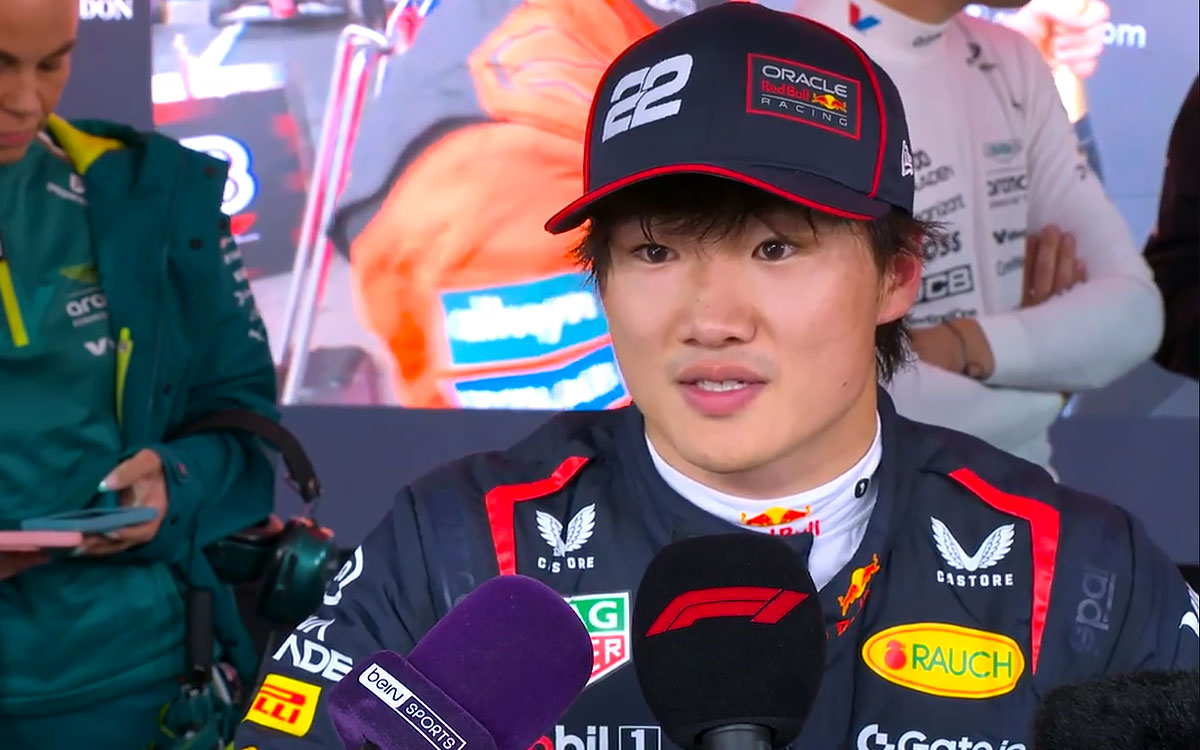 インタビューに答える角田裕毅(レッドブル・レーシング)、2025年7月27日F1ベルギーGP決勝レース(スパ・フランコルシャン)