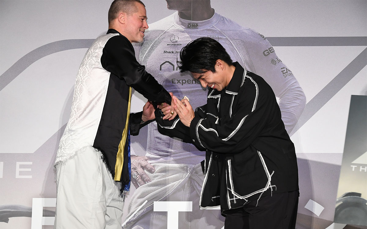 ブラッド・ピットと中尾明慶、2025年6月26日丸の内ピカデリーでの映画『F1／エフワン』舞台挨拶にて