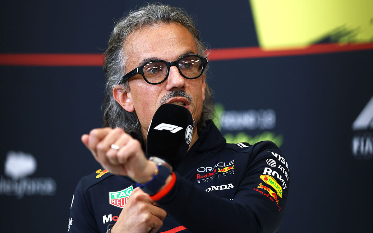 チーム代表者会見に出席するローラン・メキーズ（レッドブル代表）、2025年7月25日(金) F1ベルギーGP（スパ・フランコルシャン）