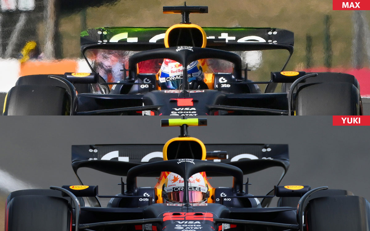 レッドブルのマックス・フェルスタッペンと角田裕毅のリアウイングの違い、2025年7月4日F1イギリスGP フリー走行2(シルバーストン・サーキット)