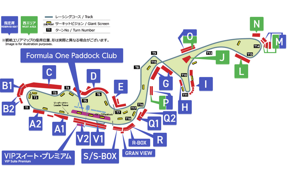 2026年F1日本GP（鈴鹿サーキット）の観戦エリアとチケット図、2025年8月28日