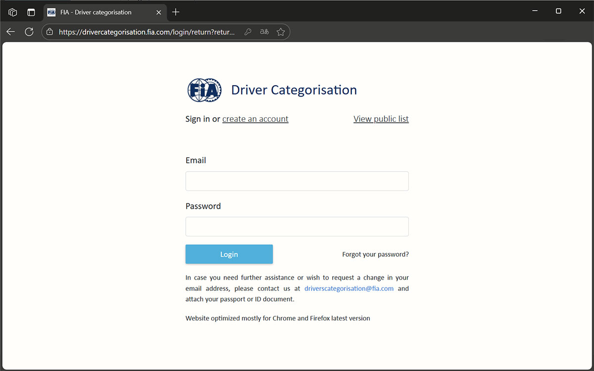 FIAのドライバー分類管理ポータル「drivercategorisation.fia.com」のログイン画面