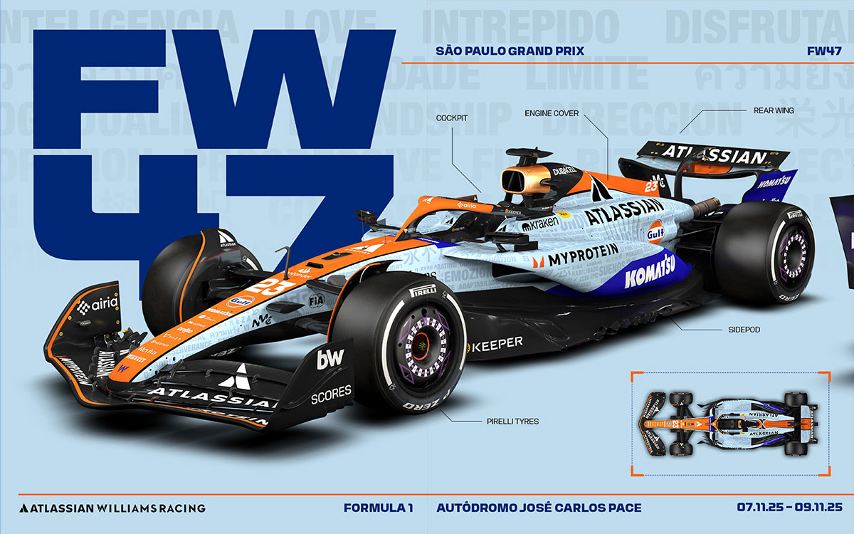 F1サンパウロGPで採用するガルフとの共作特別リバリー『Driven by Words』を纏うウィリアムズFW47 (1)